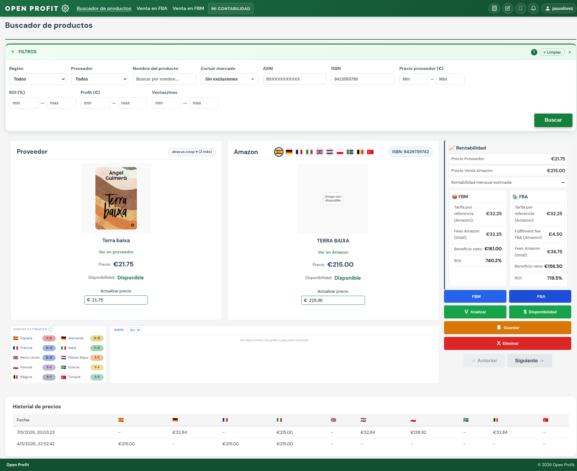 Buscador de productos Open Profit con resultado real mostrando producto, precio proveedor, precio Amazon y rentabilidad