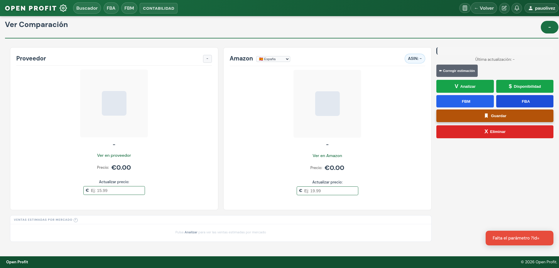 Pantalla Ver Comparacion de Open Profit con columnas proveedor y Amazon, botones de accion y ventas por mercado