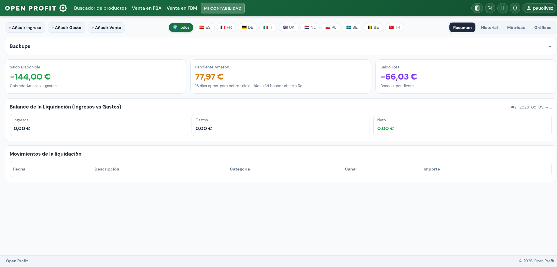 Panel de contabilidad real de Open Profit mostrando saldo disponible, pendiente Amazon, balance de liquidacion y movimientos