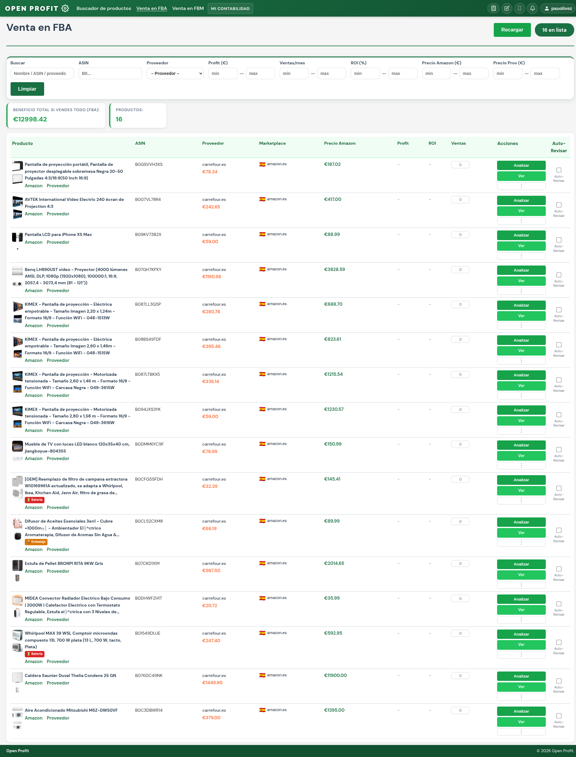 Lista FBA real de Open Profit mostrando productos con ASIN, proveedor, profit, ROI, ventas y acciones