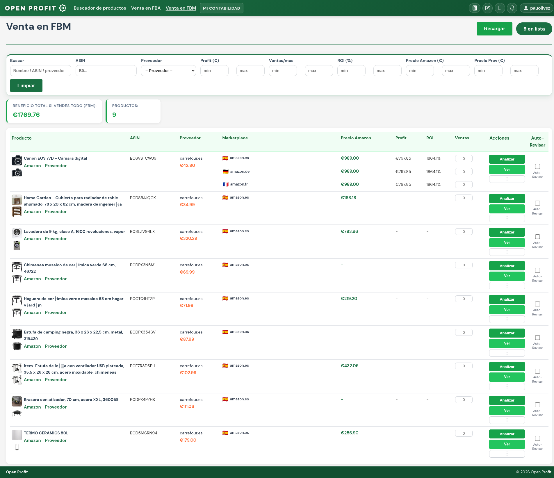 Lista FBM real de Open Profit con productos, proveedores, precios Amazon y metricas de rentabilidad