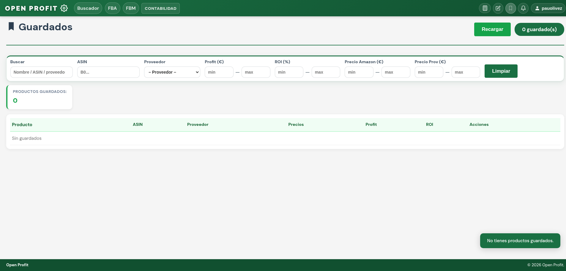Seccion Guardados de Open Profit con filtros por ASIN, proveedor, profit y ROI